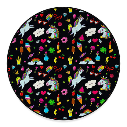 Black Girly Unicorn Pattern Print Round Floor Mat