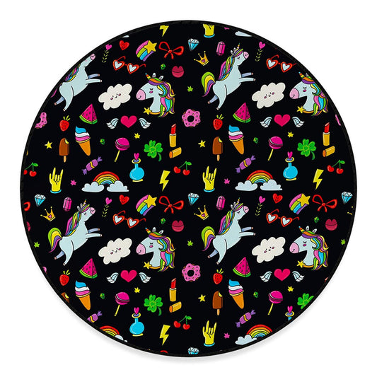 Black Girly Unicorn Pattern Print Round Floor Mat