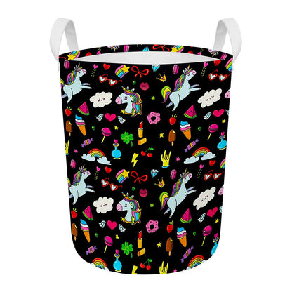 Black Girly Unicorn Pattern Print Round Laundry Basket