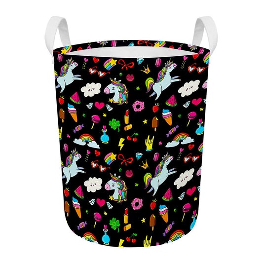 Black Girly Unicorn Pattern Print Round Laundry Basket