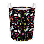 Black Girly Unicorn Pattern Print Round Laundry Basket