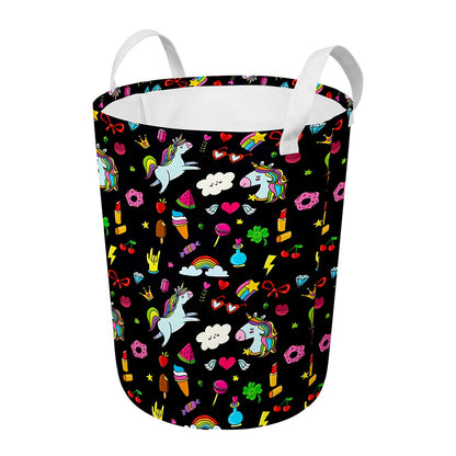 Black Girly Unicorn Pattern Print Round Laundry Basket