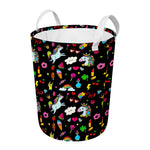 Black Girly Unicorn Pattern Print Round Laundry Basket