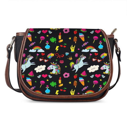 Black Girly Unicorn Pattern Print Saddle Bag