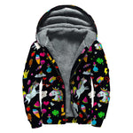 Black Girly Unicorn Pattern Print Sherpa Lined Zip Up Hoodie