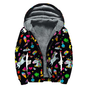 Black Girly Unicorn Pattern Print Sherpa Lined Zip Up Hoodie