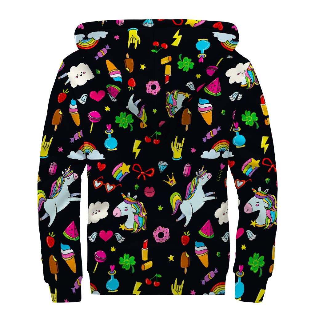 Black Girly Unicorn Pattern Print Sherpa Lined Zip Up Hoodie