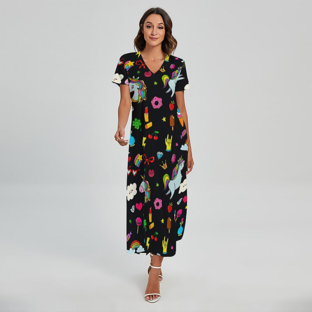 Black Girly Unicorn Pattern Print Short Sleeve Maxi Dress