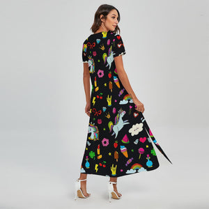 Black Girly Unicorn Pattern Print Short Sleeve Maxi Dress