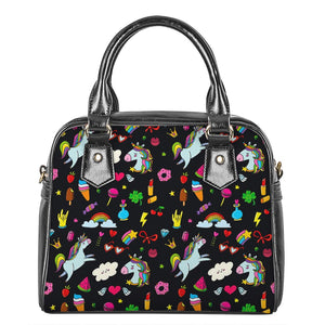 Black Girly Unicorn Pattern Print Shoulder Handbag