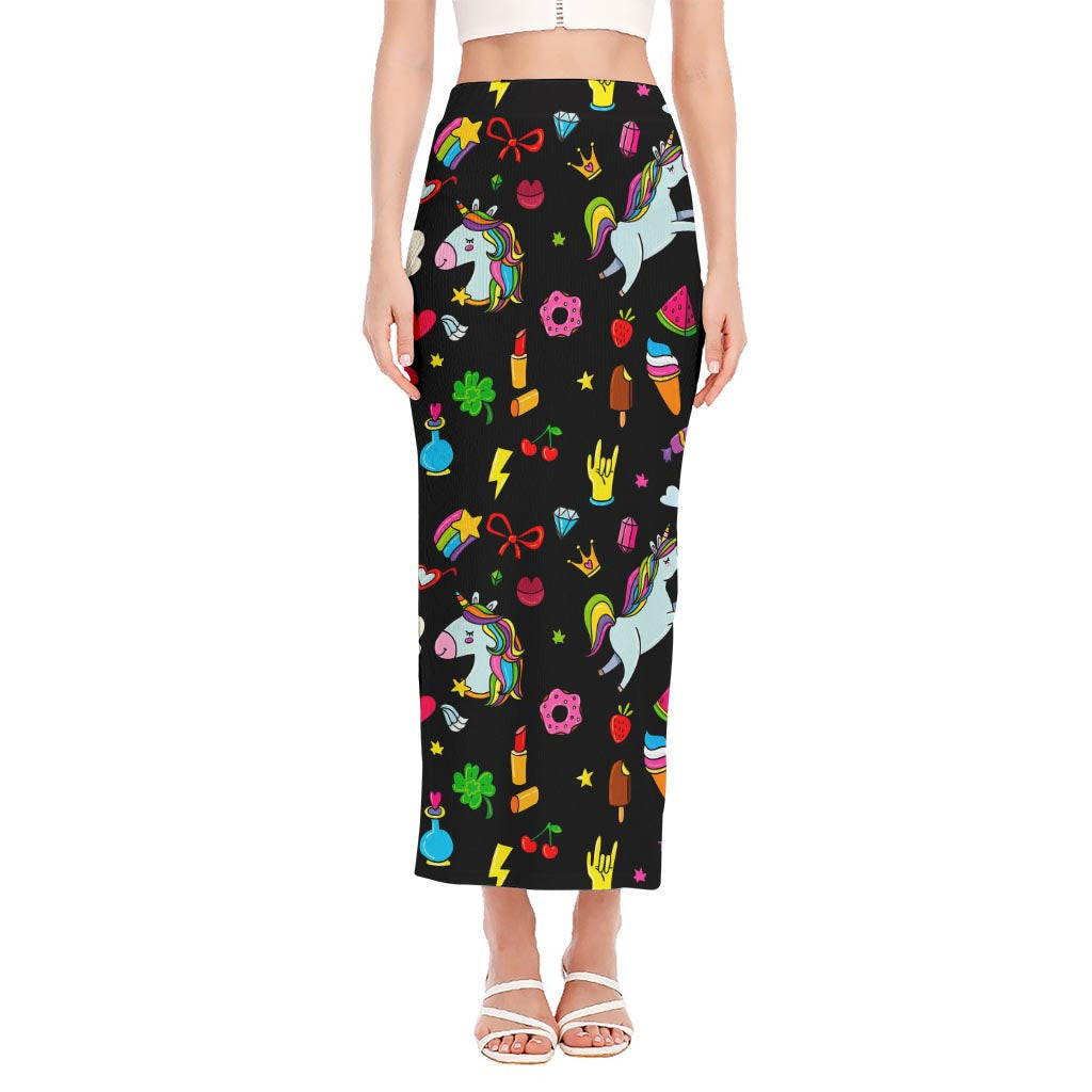 Black Girly Unicorn Pattern Print Side Slit Maxi Skirt