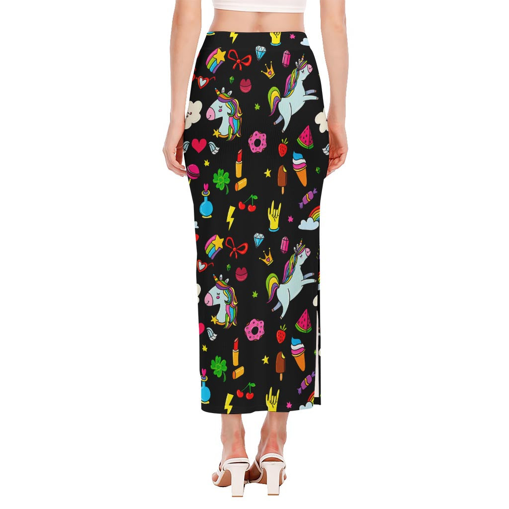 Black Girly Unicorn Pattern Print Side Slit Maxi Skirt