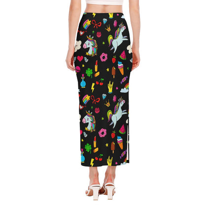 Black Girly Unicorn Pattern Print Side Slit Maxi Skirt