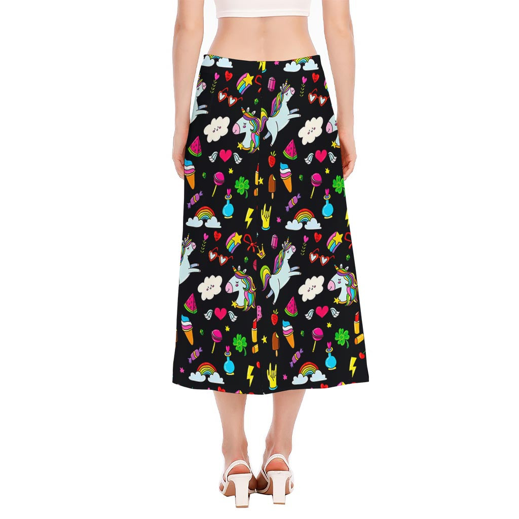 Black Girly Unicorn Pattern Print Side Slit Midi Skirt