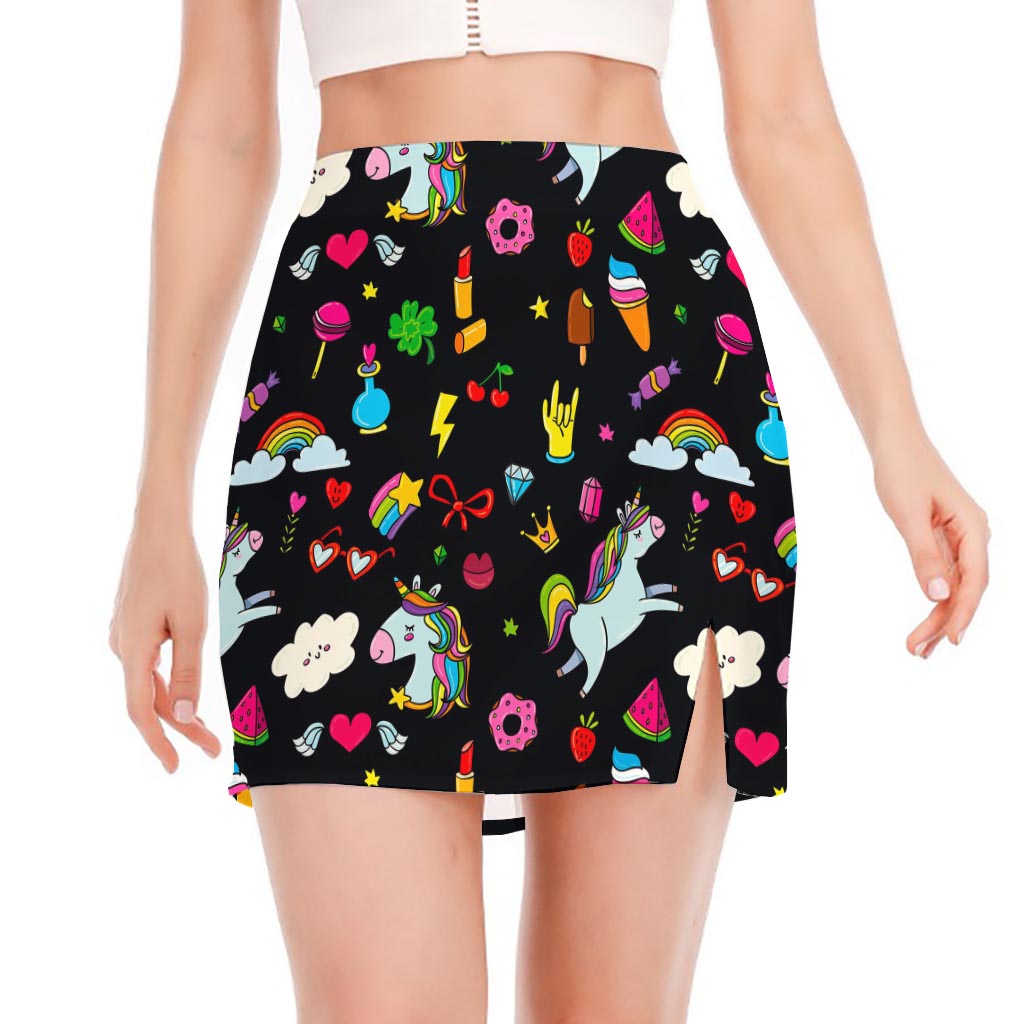 Black Girly Unicorn Pattern Print Side Slit Mini Skirt