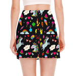 Black Girly Unicorn Pattern Print Side Slit Mini Skirt