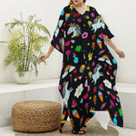 Black Girly Unicorn Pattern Print Silk V-Neck Kaftan Dress