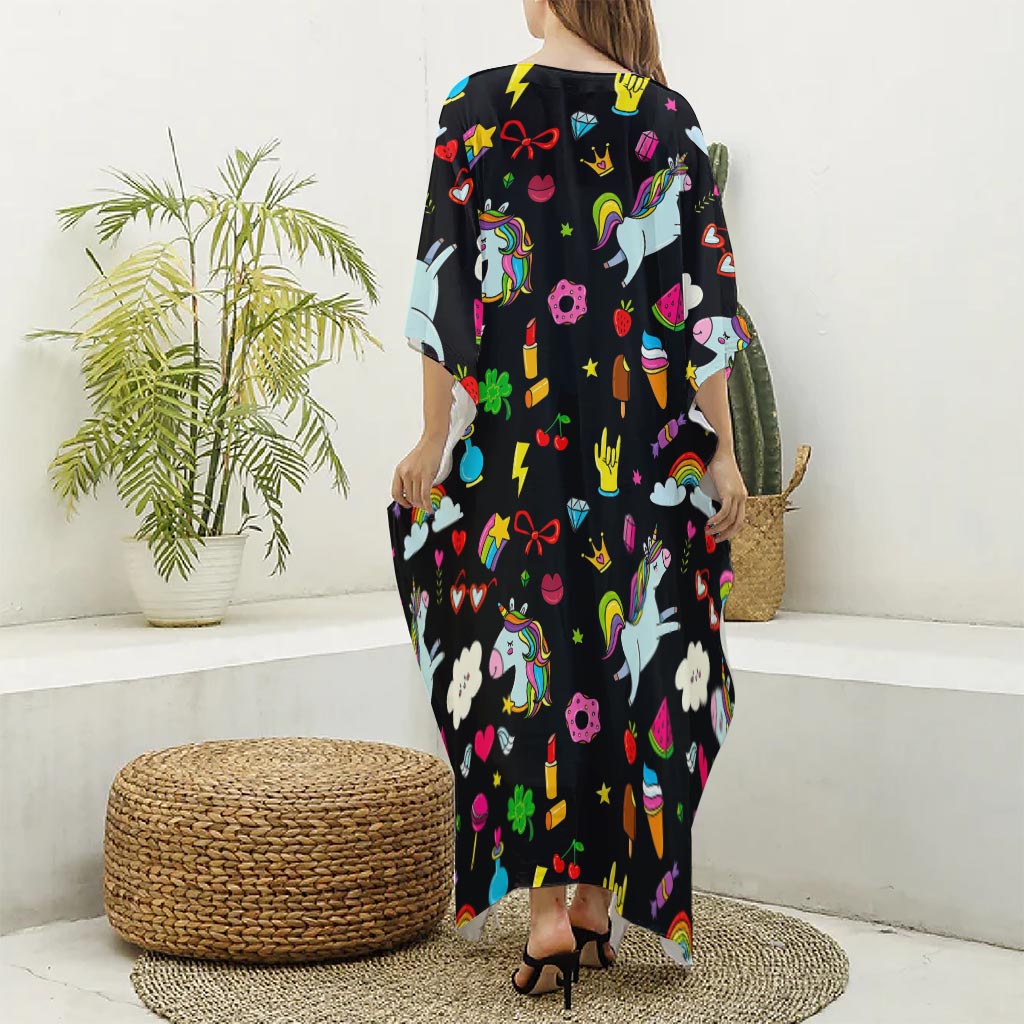 Black Girly Unicorn Pattern Print Silk V-Neck Kaftan Dress