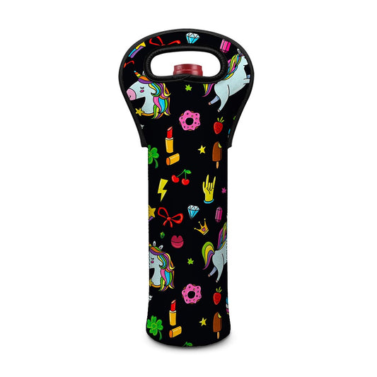 Black Girly Unicorn Pattern Print Single Neoprene Wine Tote