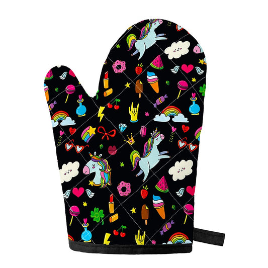 Black Girly Unicorn Pattern Print Single Oven Mitt