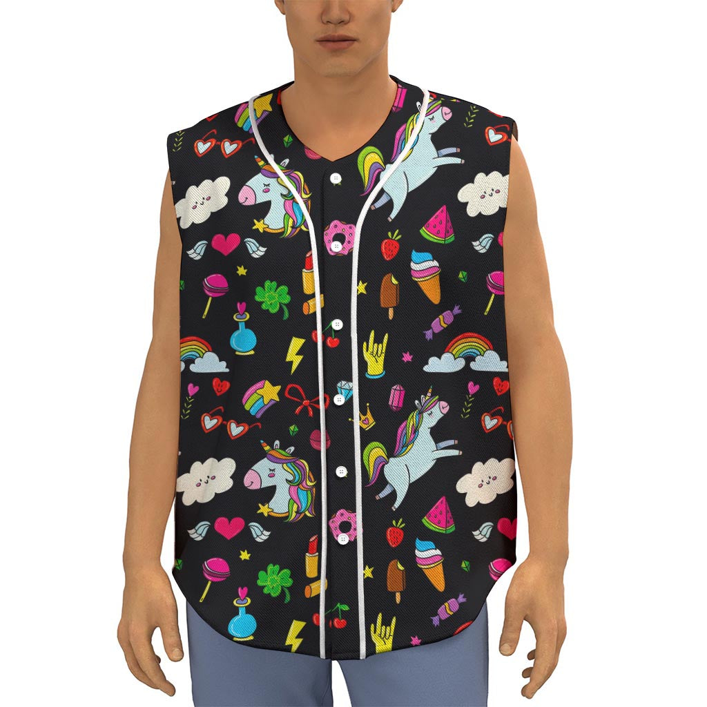 Black Girly Unicorn Pattern Print Sleeveless Baseball Jersey