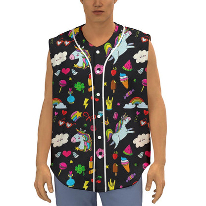 Black Girly Unicorn Pattern Print Sleeveless Baseball Jersey