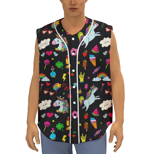 Black Girly Unicorn Pattern Print Sleeveless Baseball Jersey