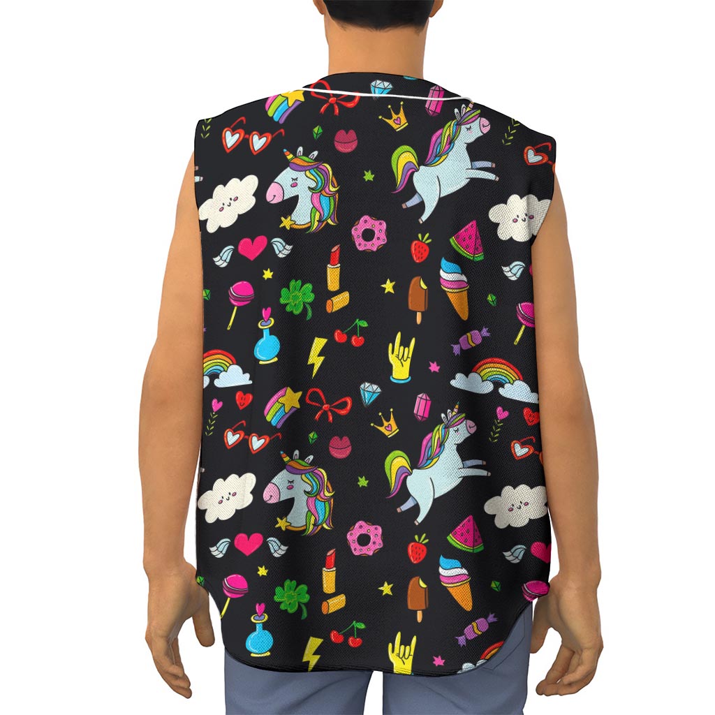Black Girly Unicorn Pattern Print Sleeveless Baseball Jersey