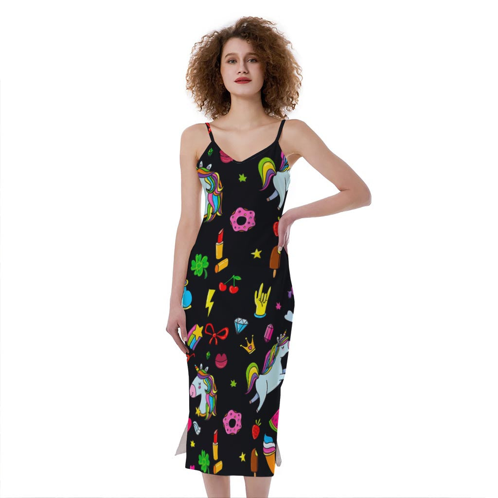 Black Girly Unicorn Pattern Print Slim Fit Midi Cami Dress