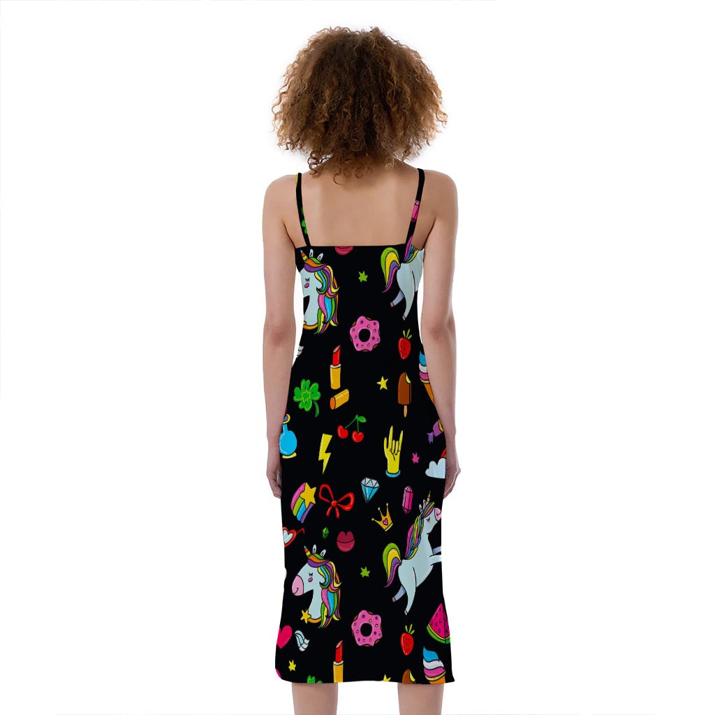 Black Girly Unicorn Pattern Print Slim Fit Midi Cami Dress