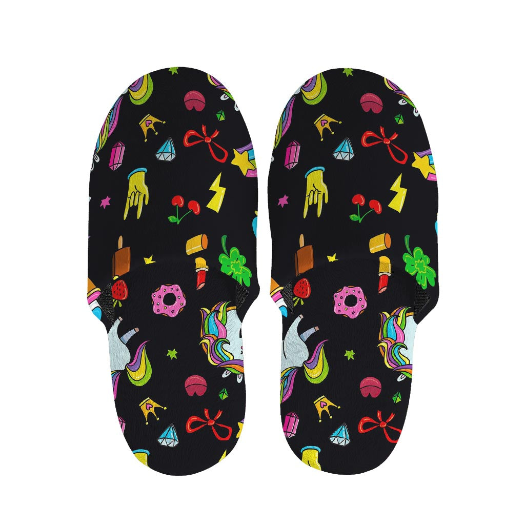 Black Girly Unicorn Pattern Print Slippers