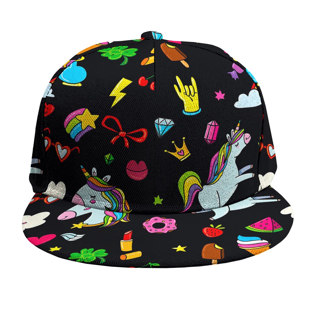 Black Girly Unicorn Pattern Print Snapback Cap