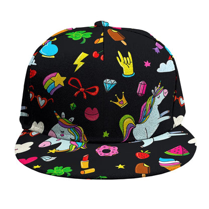 Black Girly Unicorn Pattern Print Snapback Cap