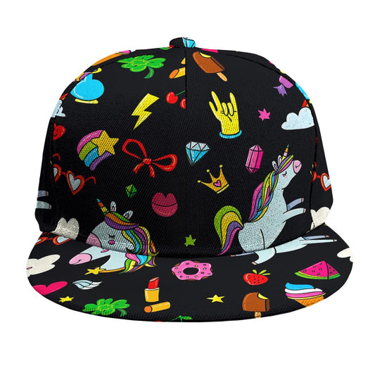 Black Girly Unicorn Pattern Print Snapback Cap