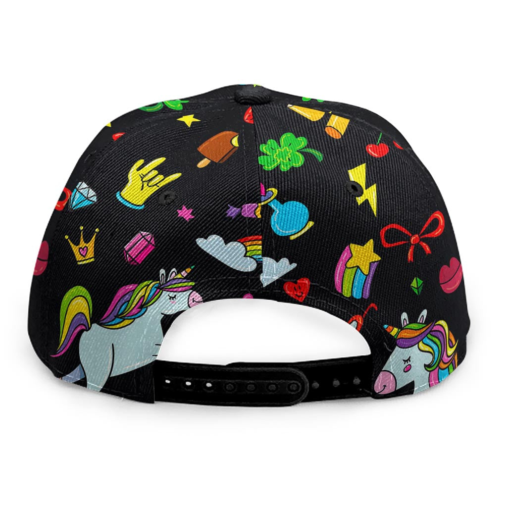 Black Girly Unicorn Pattern Print Snapback Cap
