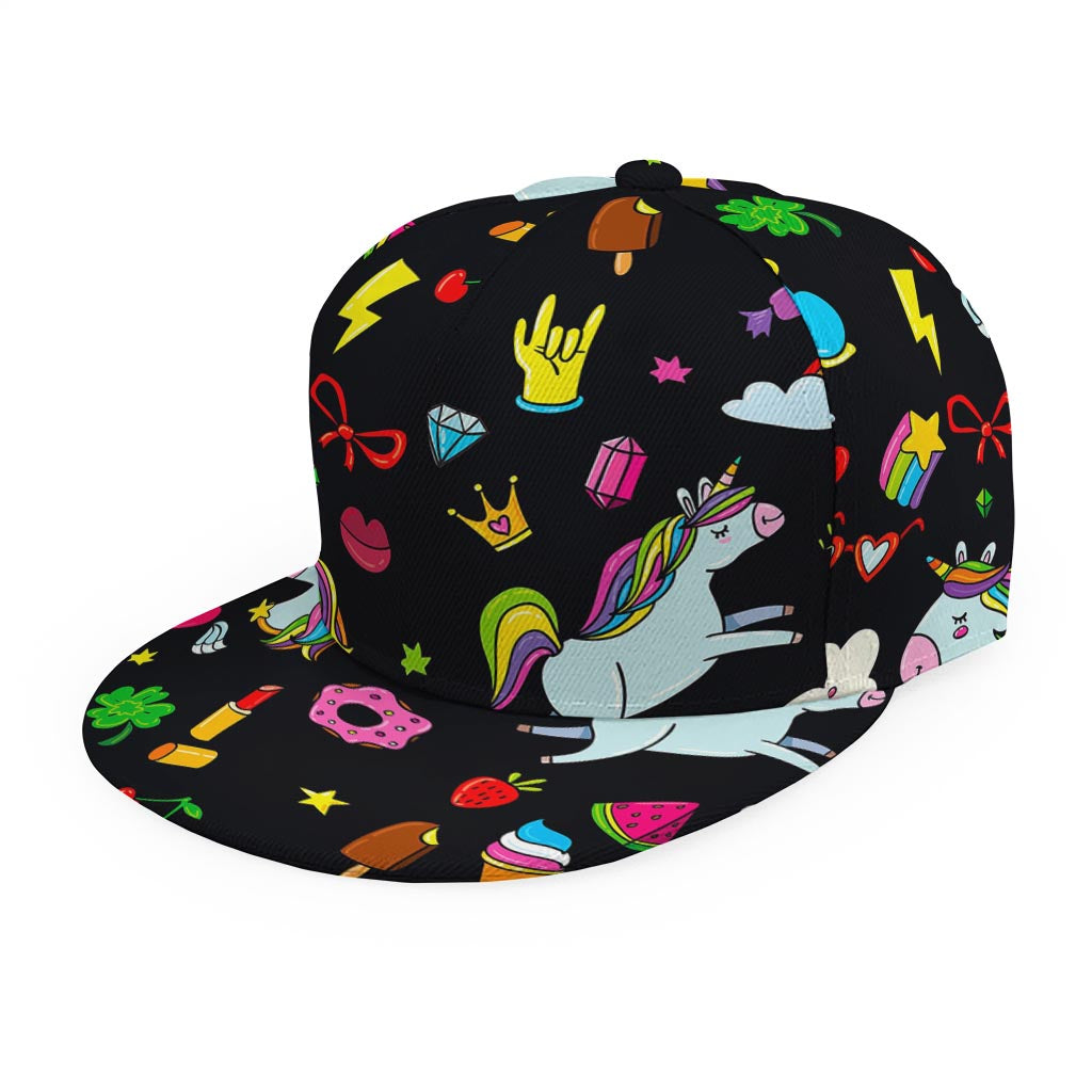 Black Girly Unicorn Pattern Print Snapback Cap