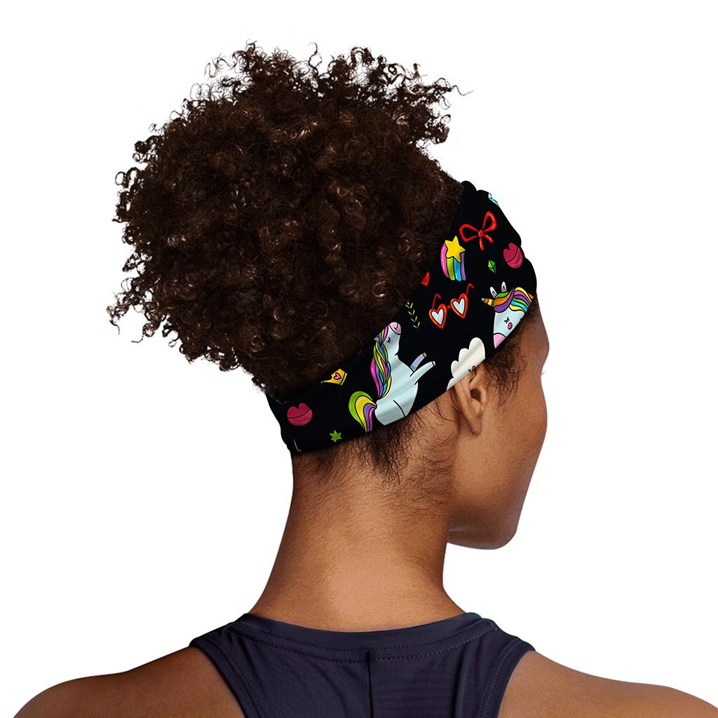 Black Girly Unicorn Pattern Print Sports Headband