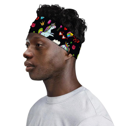 Black Girly Unicorn Pattern Print Sports Headband