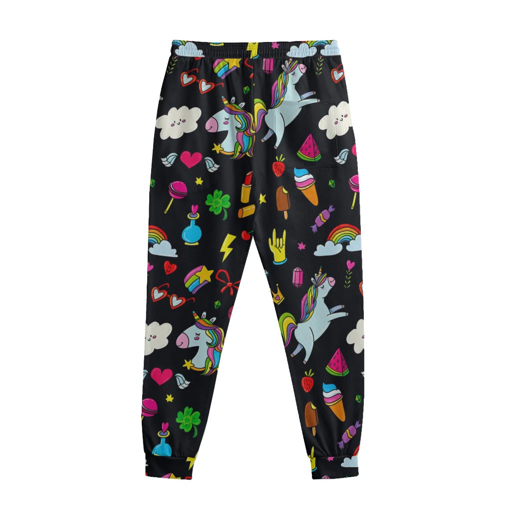 Black Girly Unicorn Pattern Print Sweatpants