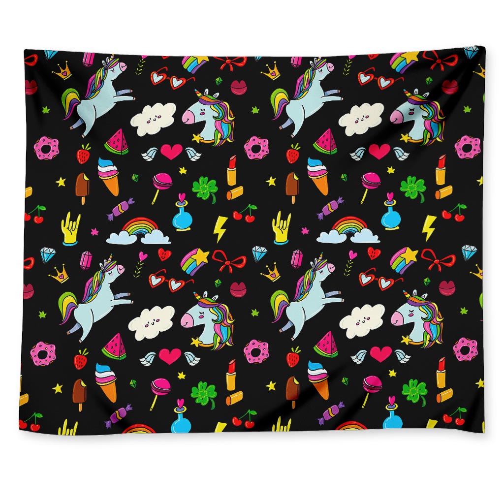 Black Girly Unicorn Pattern Print Tapestry