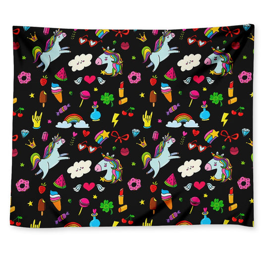 Black Girly Unicorn Pattern Print Tapestry