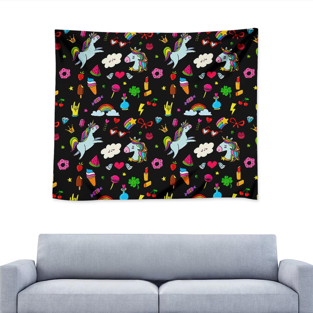 Black Girly Unicorn Pattern Print Tapestry