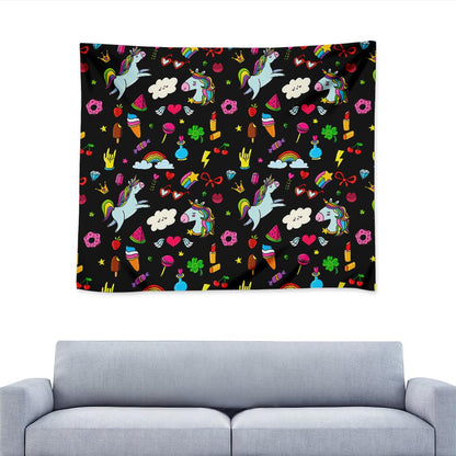 Black Girly Unicorn Pattern Print Tapestry