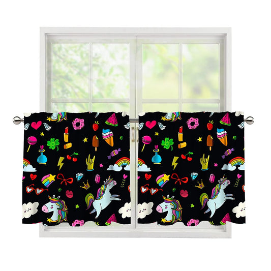 Black Girly Unicorn Pattern Print Tier Curtains