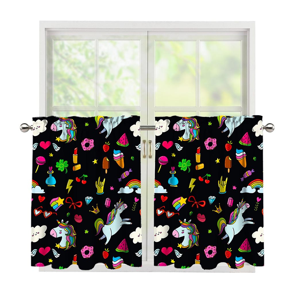 Black Girly Unicorn Pattern Print Tier Curtains