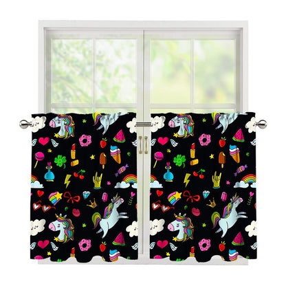 Black Girly Unicorn Pattern Print Tier Curtains
