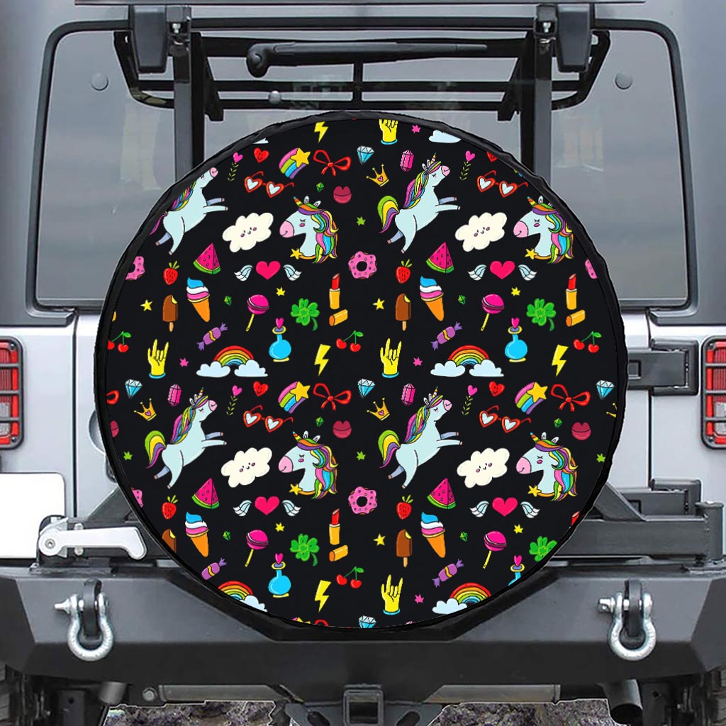 Black Girly Unicorn Pattern Print Tire Cover
