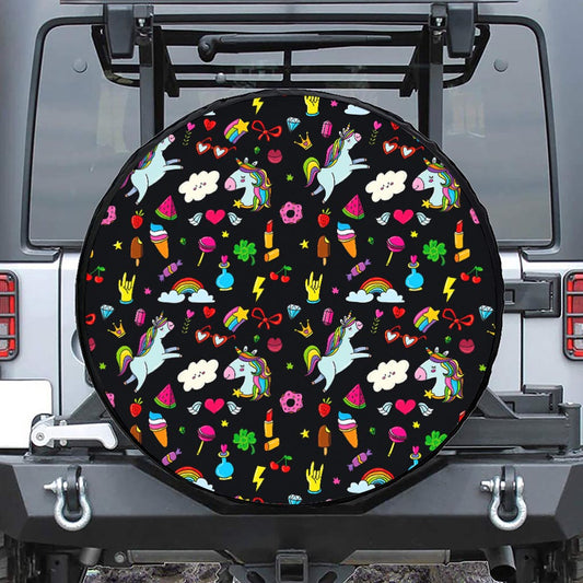 Black Girly Unicorn Pattern Print Tire Cover