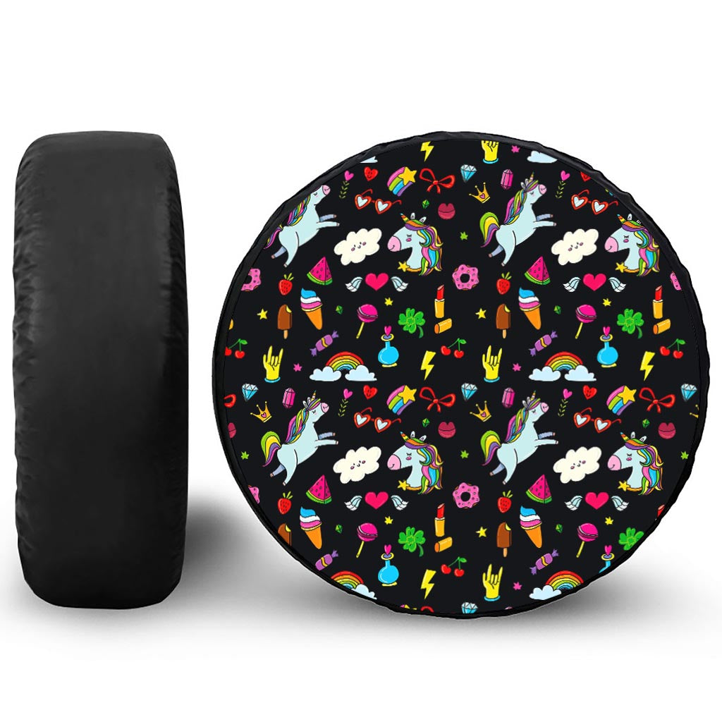 Black Girly Unicorn Pattern Print Tire Cover