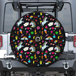 Black Girly Unicorn Pattern Print Tire Cover With Camera Hole